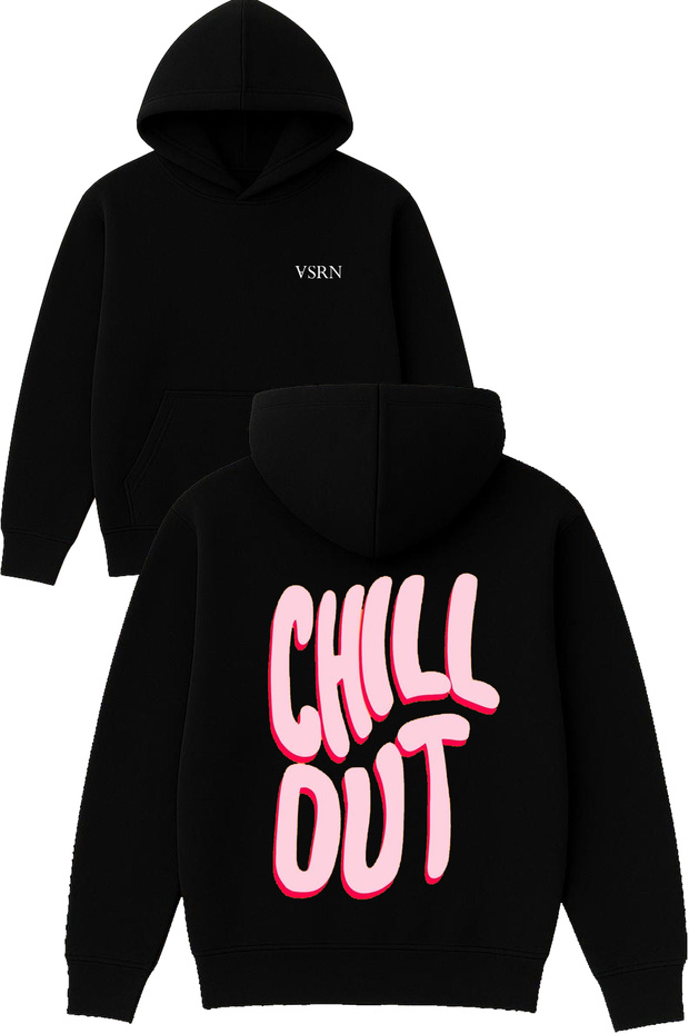 Chill Out Design Printed Oversized Black Hooded Sweatshirt