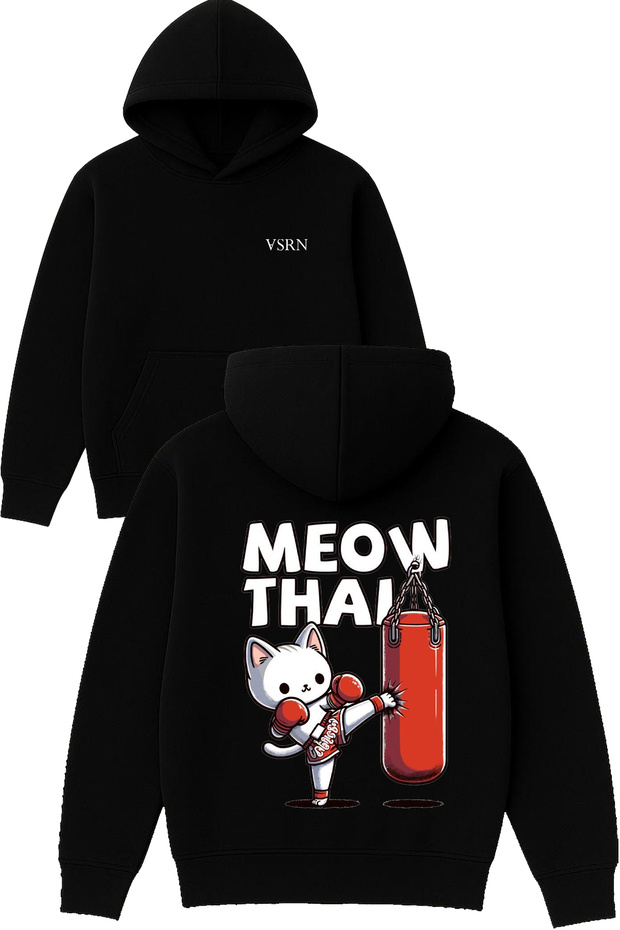 Meow Thai Design Printed Oversized Black Hooded Sweatshirt