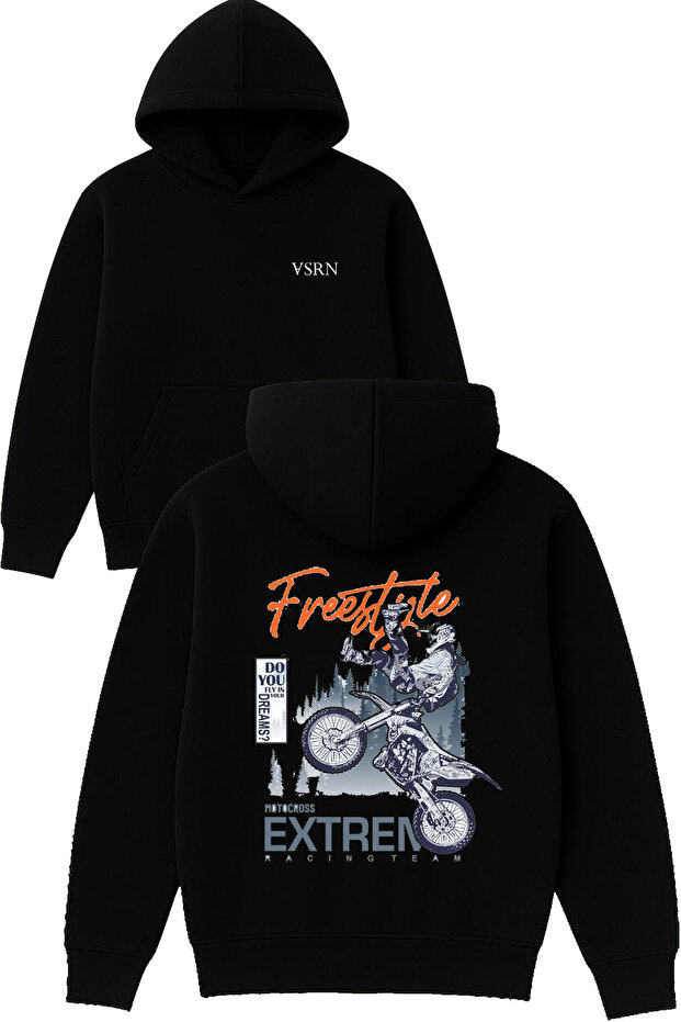 Freestyle Motocross Design Printed Oversized Black Hooded Sweatshirt