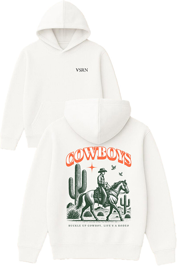 Cow Boys Design Printed Oversized White Hooded Sweatshirt