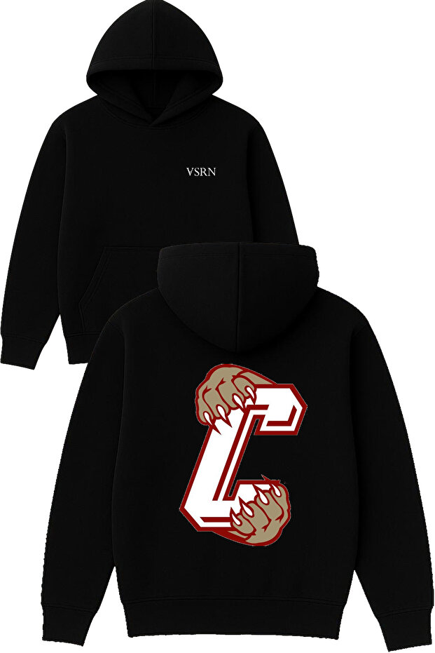 C Claw Design Printed Oversized Black Hooded Sweatshirt