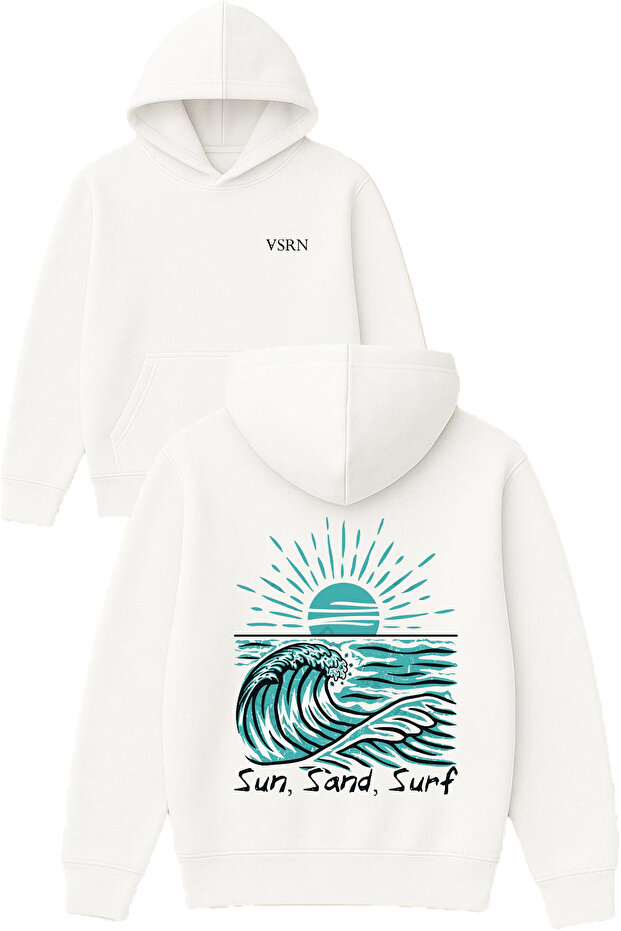 Sun Sand Surf Design Printed Oversized White Hooded Sweatshirt