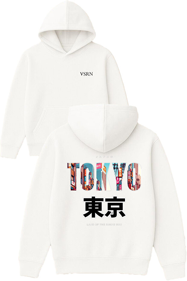 Tokyo Design Printed Oversized White Hooded Sweatshirt