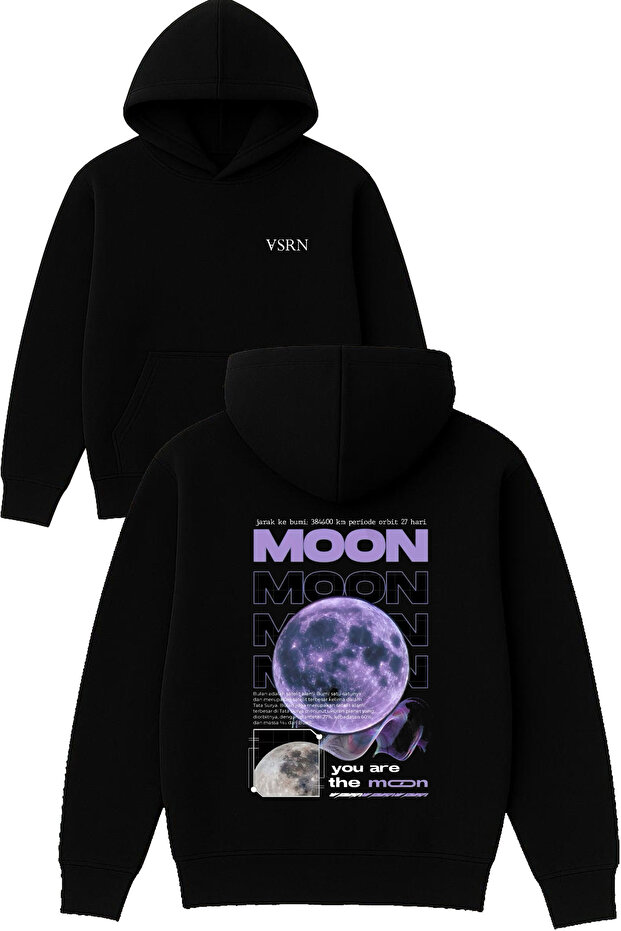 Moon Moon Design Printed Oversized Black Hooded Sweatshirt