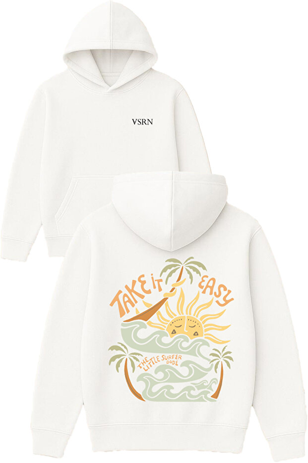 Take It Easy Design Printed Oversized White Hooded Sweatshirt
