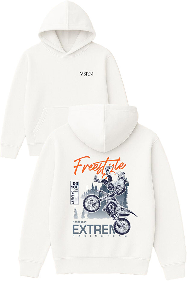 Freestyle Motocross Design Printed Oversized White Hooded Sweatshirt