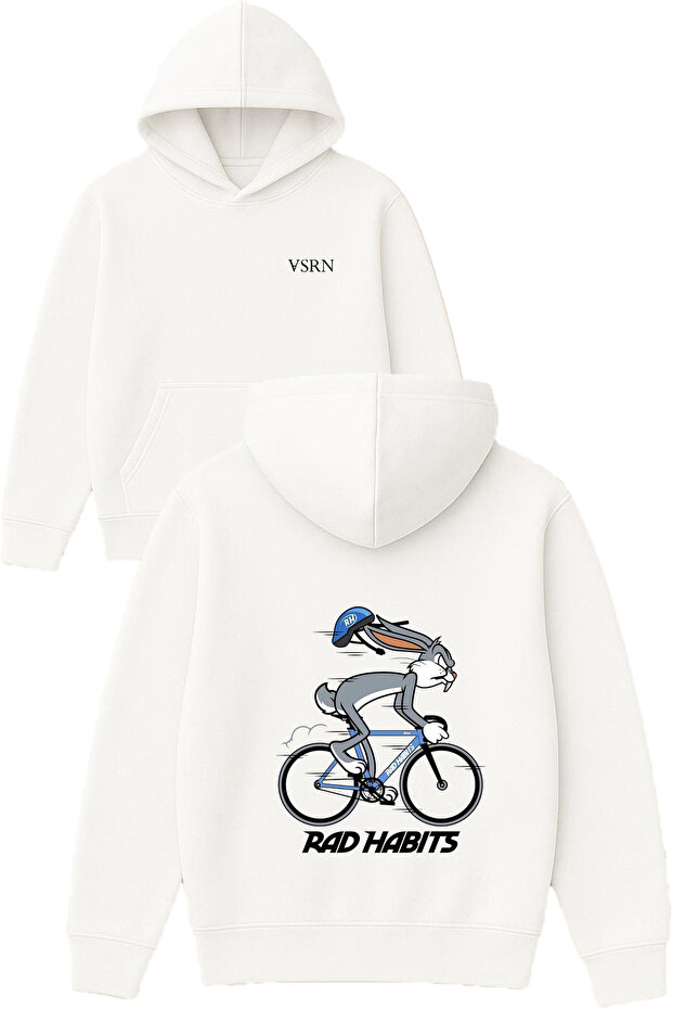 Fast Rabbit Design Printed Oversized White Hooded Sweatshirt