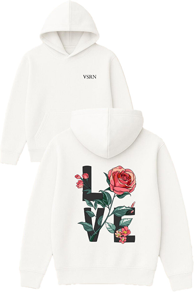 Love Flower Design Printed Oversized White Hooded Sweatshirt