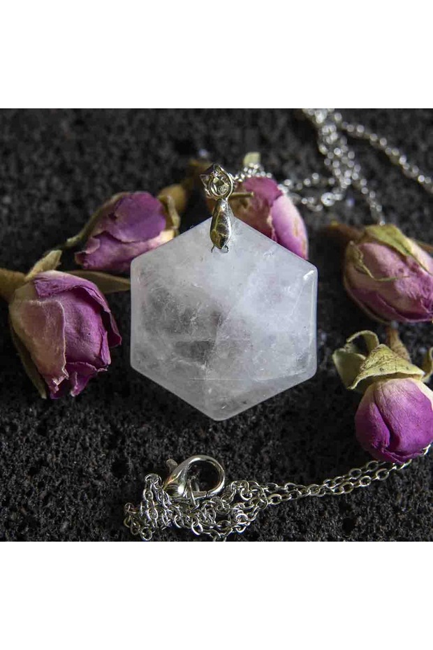 Hexagonal Shape White Quartz Pendant Natural Stone Energy Balancing Stylish Jewelry
