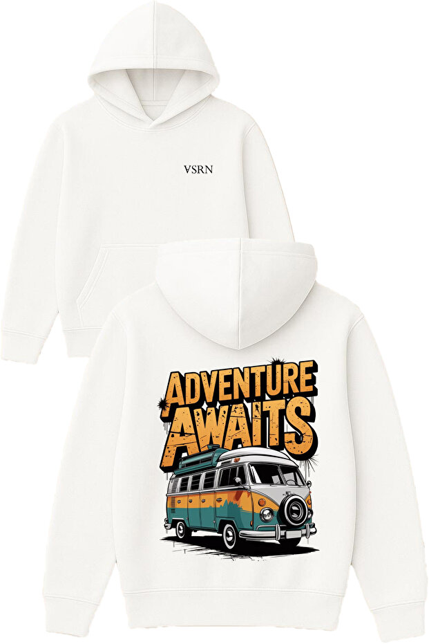 Adventure Awaits Design Printed Oversized White Hooded Sweatshirt