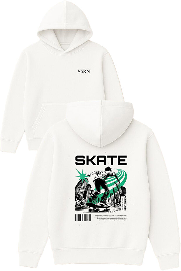 Green Skate in the City Design Printed Oversized White Hooded Sweatshirt