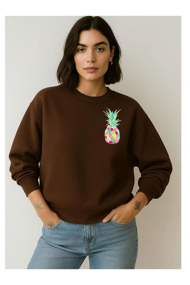 Colorful Little Pineapple Printed Crew Neck 3-Thread Sweatshirt