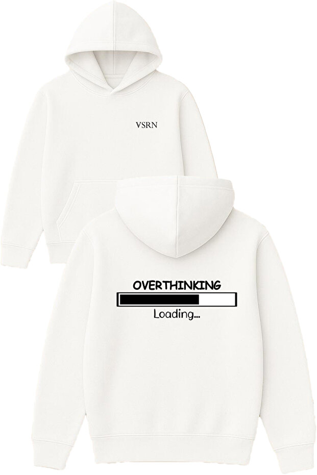 Overthınkıng Design Printed Oversized White Hooded Sweatshirt