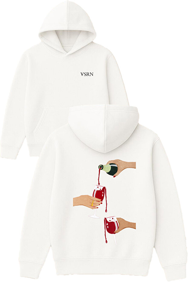 Service Wine Tasarım Printed Oversized White Hooded Sweatshirt