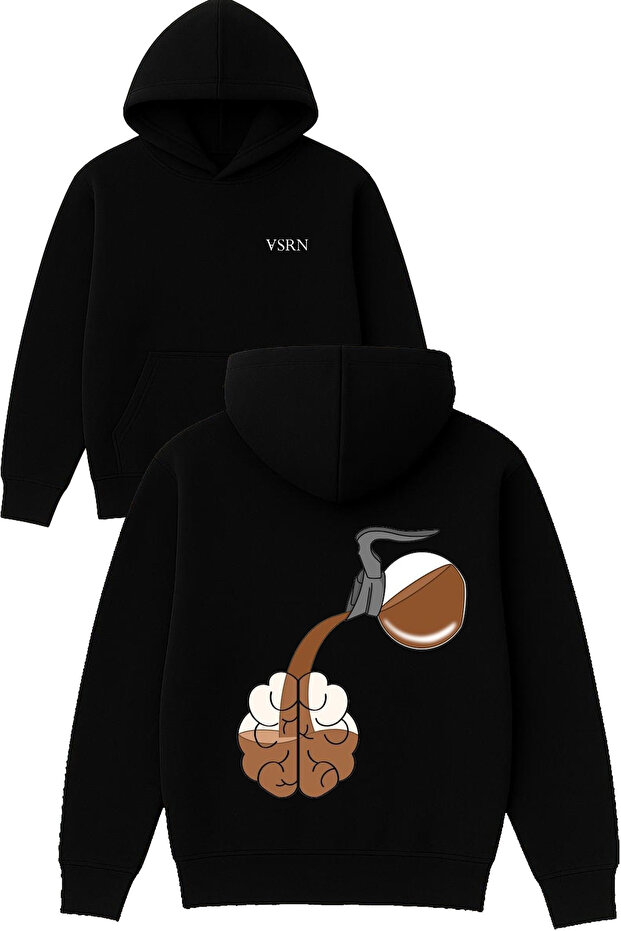 Brain Coffee Design Printed Oversized Black Hooded Sweatshirt