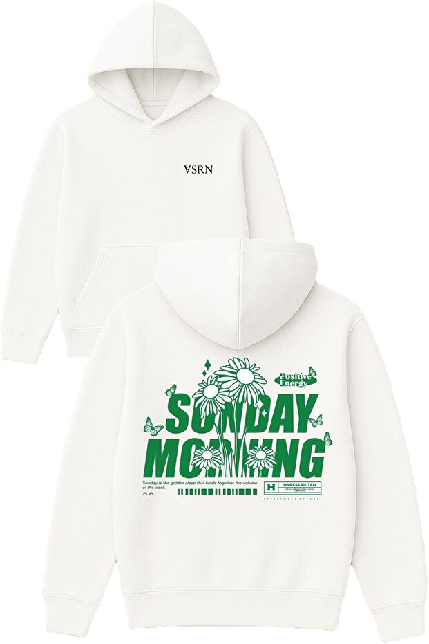 Sunday Morning Design Printed Oversized White Hooded Sweatshirt