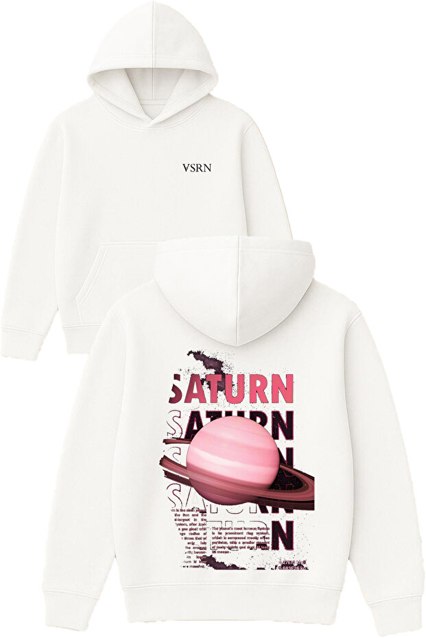 Saturn Saturn Design Printed Oversized White Hooded Sweatshirt