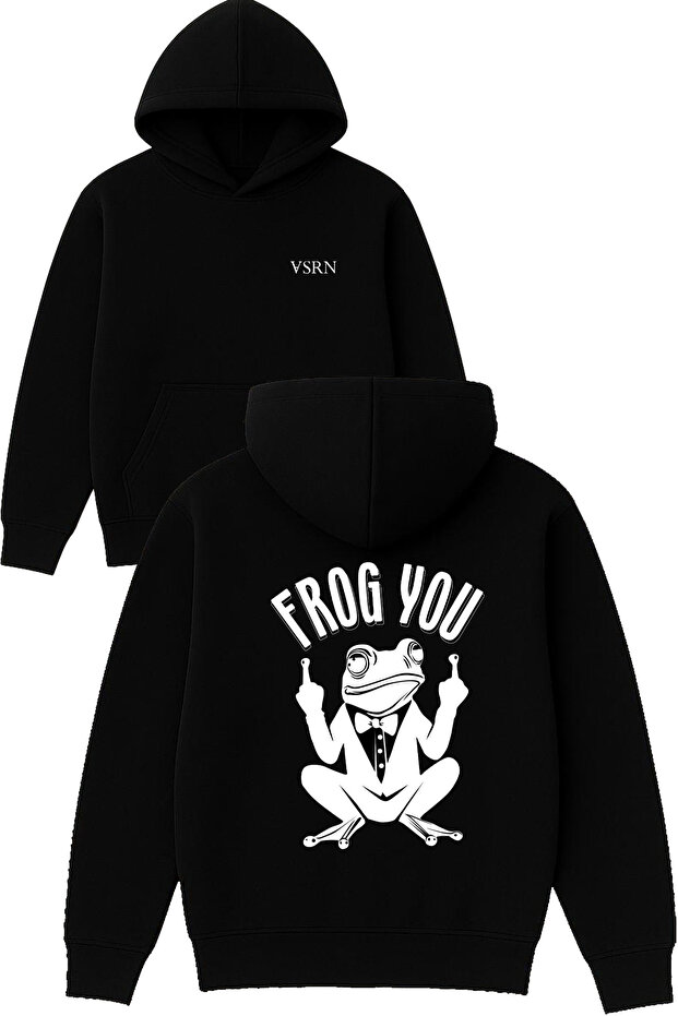 Frog You Design Printed Oversized Black Hooded Sweatshirt