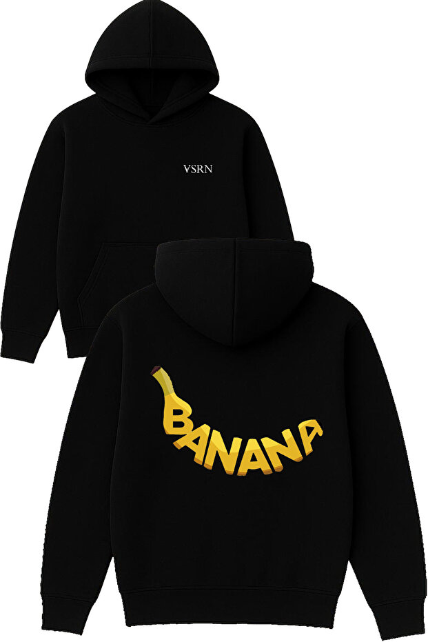 Banana Design Printed Oversized Black Hooded Sweatshirt