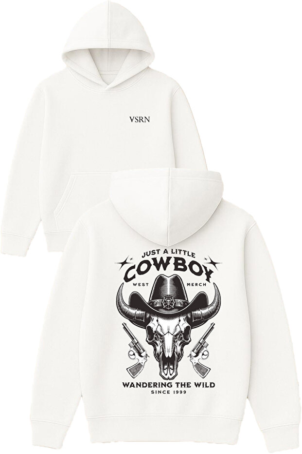 Just a Little Cowboy Design Printed Oversized White Hooded Sweatshirt