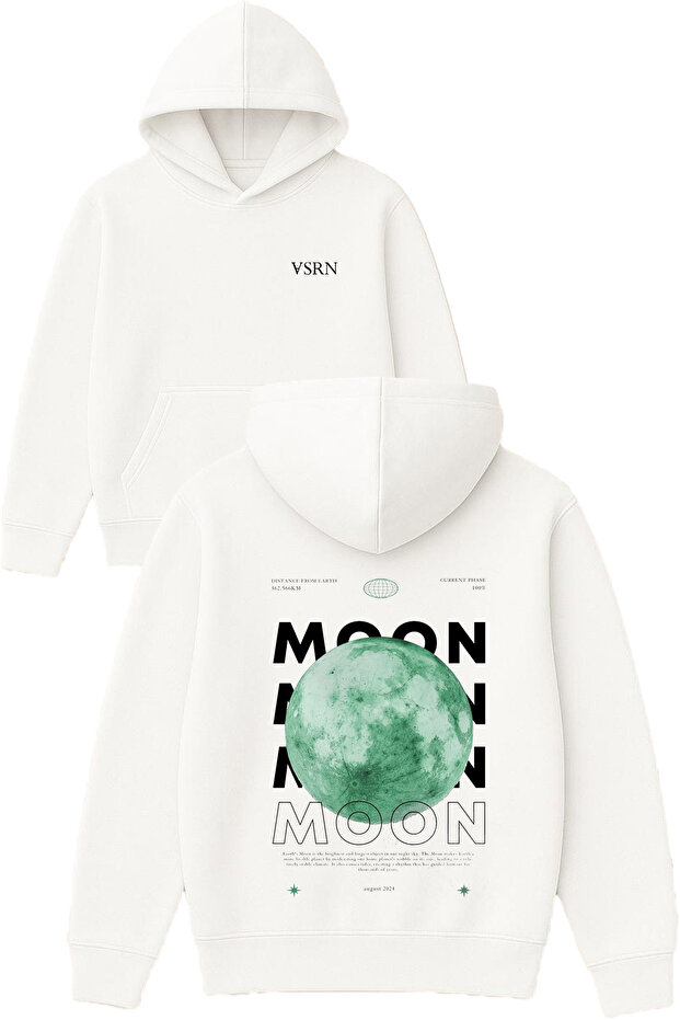 Green Moon Design Printed Oversized White Hooded Sweatshirt
