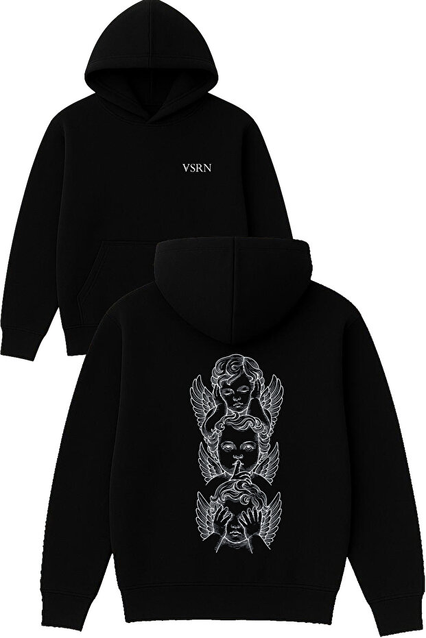 3 Angel Design Printed Oversized Black Hooded Sweatshirt