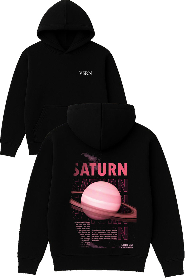 Saturn Saturn Design Printed Oversized Black Hooded Sweatshirt