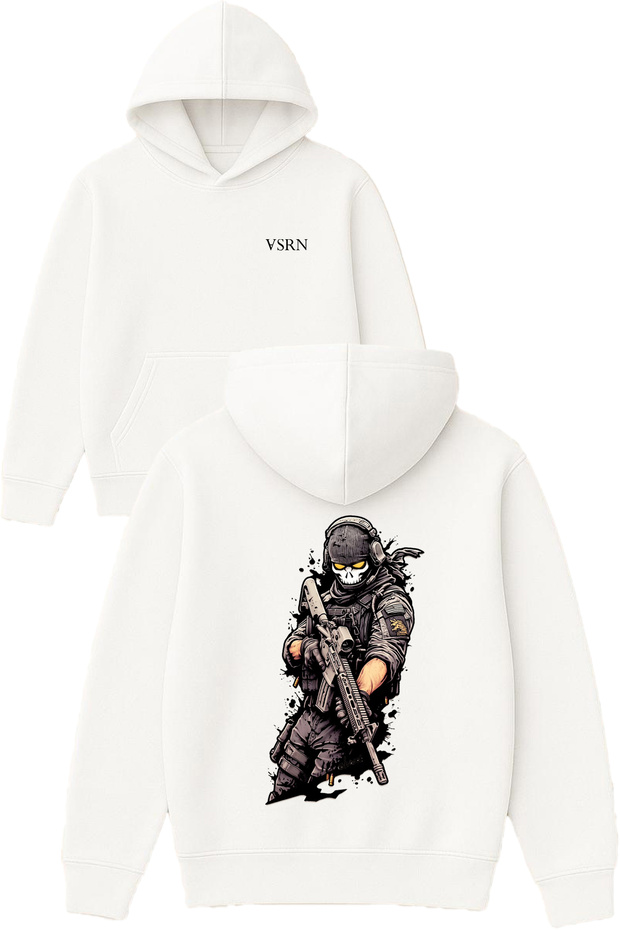 Soldier Design Printed Oversized White Hooded Sweatshirt