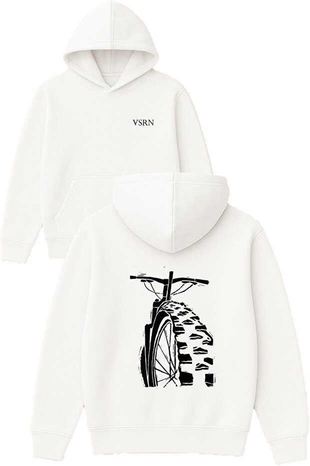Bicycle Design Printed Oversized White Hooded Sweatshirt