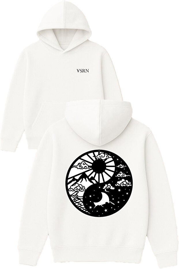 Day and Night Design Printed Oversized White Hooded Sweatshirt