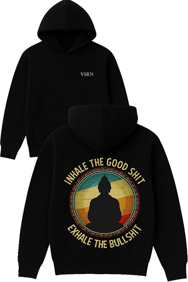 Inhale the Good Design Printed Oversized Black Hooded Sweatshirt
