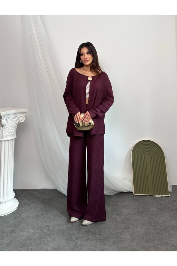 Burgundy Wrinkled Buckle Cardigan Trouser Set - 1371