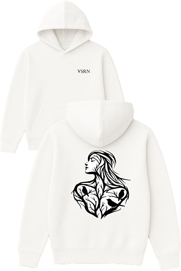 Design from a Tree Branch Printed Oversized White Hooded Sweatshirt