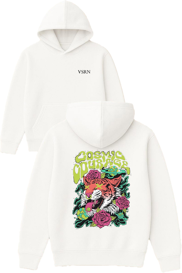 Cosmic Courage Design Printed Oversized White Hooded Sweatshirt
