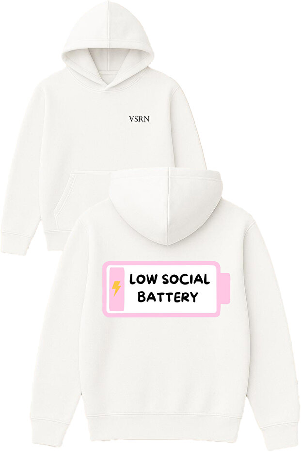 Low Social Battery Design Printed Oversized White Hooded Sweatshirt
