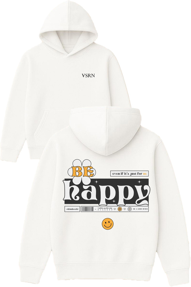 Be Happy Design Printed Oversized White Hooded Sweatshirt