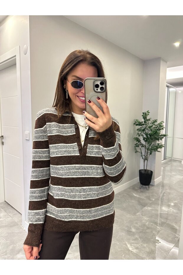 ملابس تريكو أساسية مخططة بياقة بولو - بني/أنثراسيت - 2