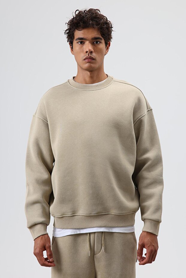 Basic Oversize Yıkamalı Sweatshirt Haki - 2