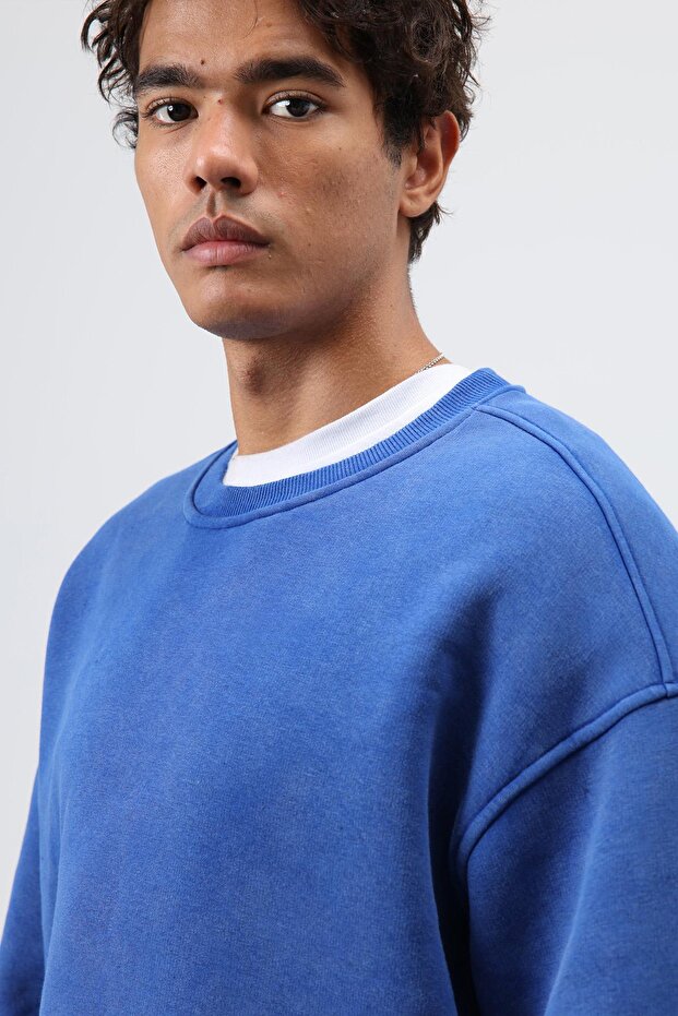 Basic Oversize Yıkamalı Sweatshirt Saks - 5