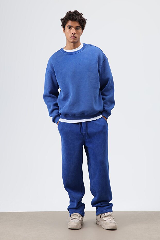 Basic Oversize Yıkamalı Sweatshirt Saks - 3