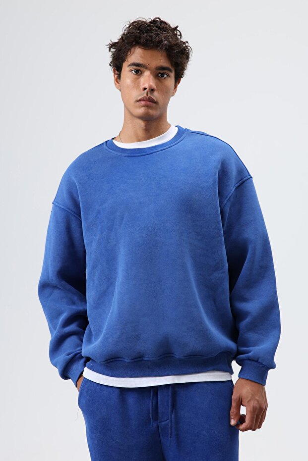 Basic Oversize Yıkamalı Sweatshirt Saks - 4