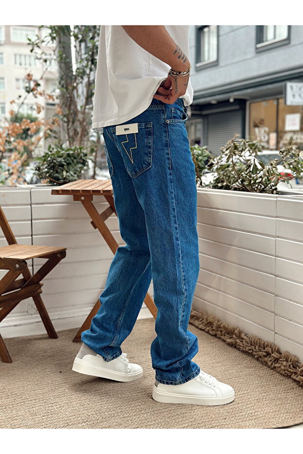 Şimşek Nakış Detaylı Regular Kot Pantolon Mavi - 2