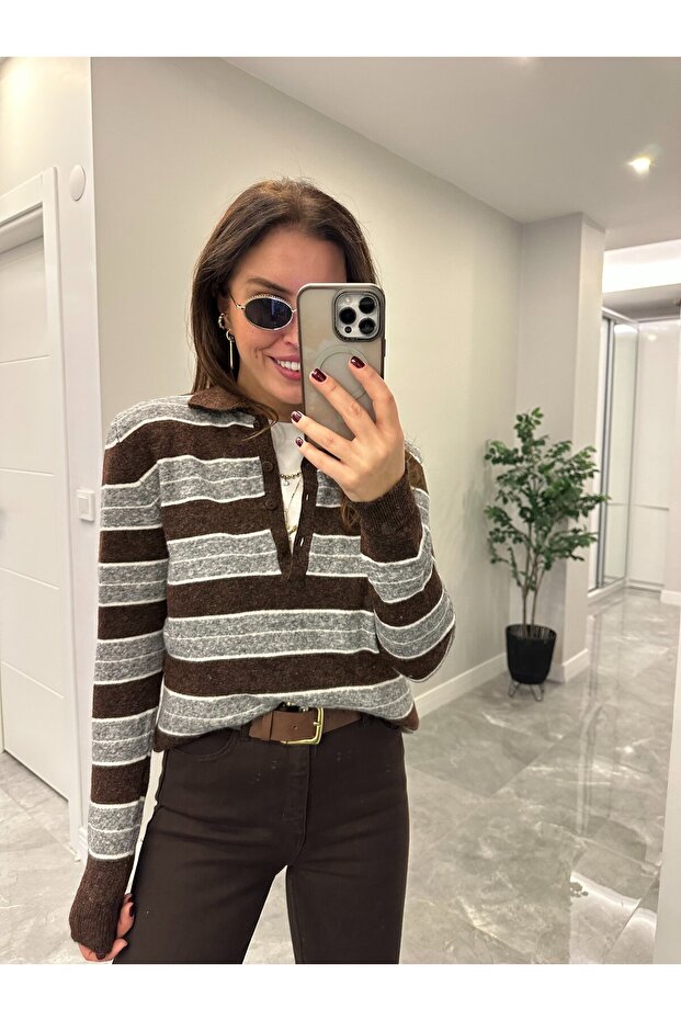 ملابس تريكو أساسية مخططة بياقة بولو - بني/أنثراسيت - 1