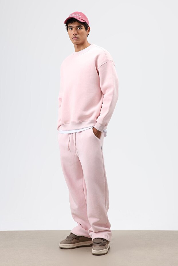 Basic Oversize Yıkamalı Sweatshirt Pembe - 1