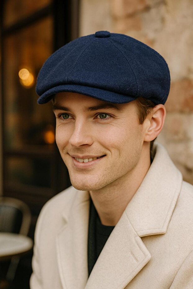 Navy Blue Cashmere Wool Men's Cap Hat