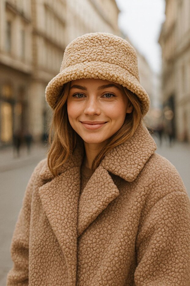 Beige Soft Textured Curly Plush Bucket Women's Hat