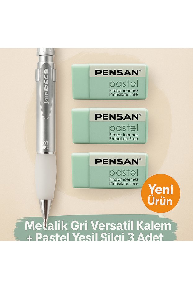 Metallic Gray 0.7 Versatil Pen + Pastel Green Eraser Set of 3