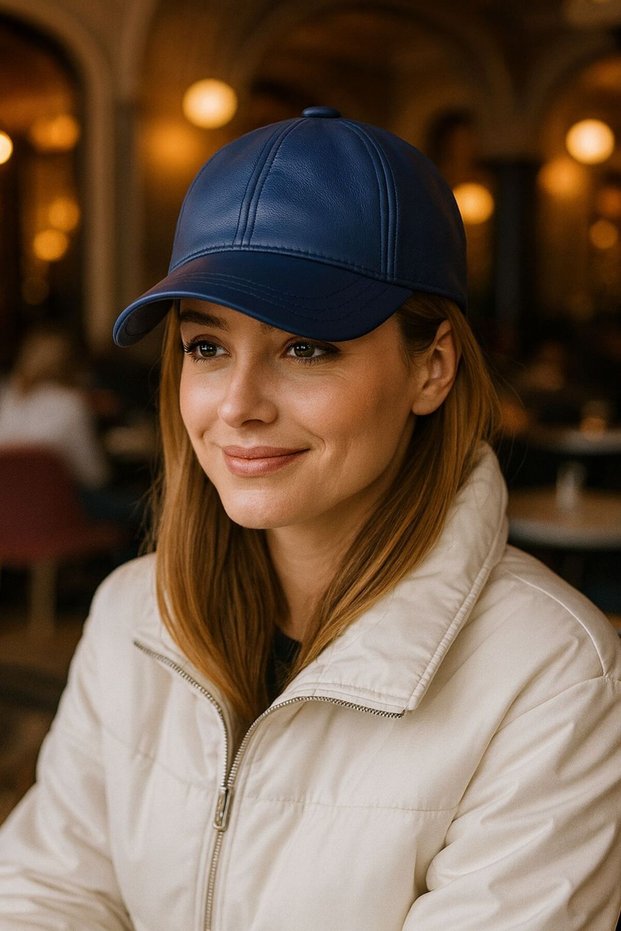 Navy Blue Faux Leather Women's Cap Hat