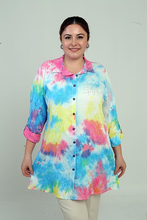 Women's Sleeve Fold Embroidered Plus Size Tie-Dye Long Shirt