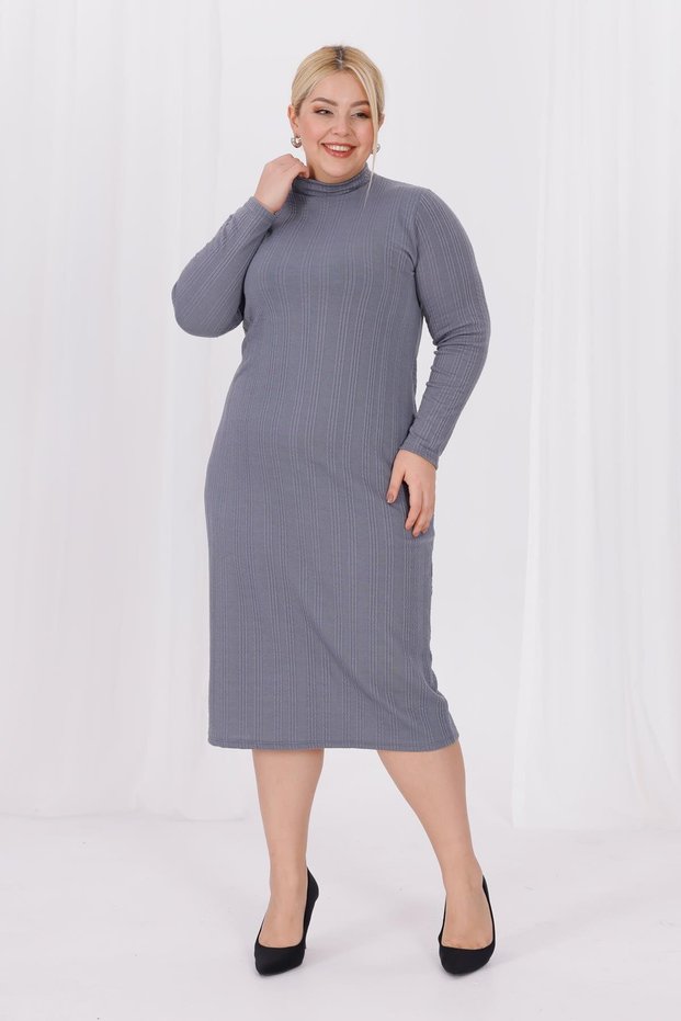 Women's Gray Turtleneck Stretchy Twist Knitwear Plus Size Dress